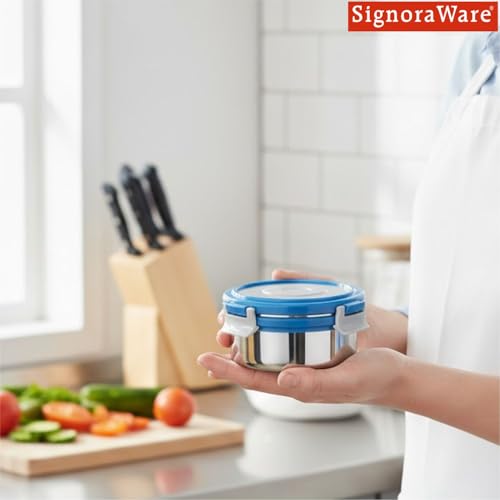 Signoraware Lock N Store Stainless Steel Round Container With Steel Lid | Airtight & Leakproof | Compact & Durable | Ideal for Snacks, Office, School & Travel Use (350ml | TBlue) - Goyalsons ShopMax