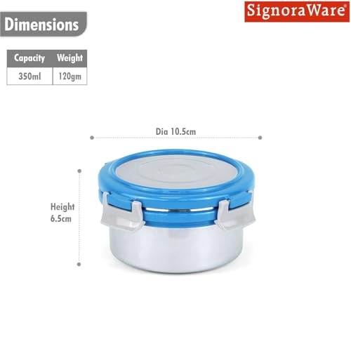 Signoraware Lock N Store Stainless Steel Round Container With Steel Lid | Airtight & Leakproof | Compact & Durable | Ideal for Snacks, Office, School & Travel Use (350ml | TBlue) - Goyalsons ShopMax