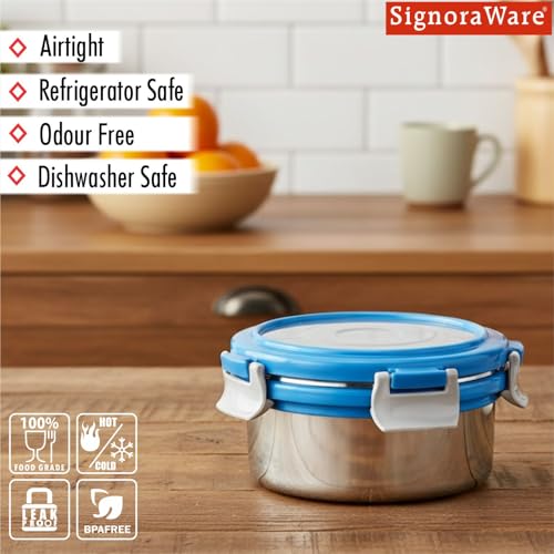 Signoraware Lock N Store Stainless Steel Round Container With Steel Lid | Airtight & Leakproof | Compact & Durable | Ideal for Snacks, Office, School & Travel Use (450ml | TBlue) - Goyalsons ShopMax