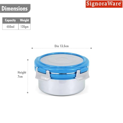 Signoraware Lock N Store Stainless Steel Round Container With Steel Lid | Airtight & Leakproof | Compact & Durable | Ideal for Snacks, Office, School & Travel Use (450ml | TBlue) - Goyalsons ShopMax