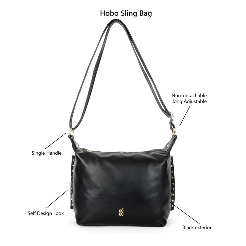 Baggit Women's Self Design Semi Pu Hobo Bag With Long Adjustable Strap | Ladies Purse Handbag | Stylish Shoulder Bag | Stylish Crossbody Bags For Women|Gift for Women (Black)