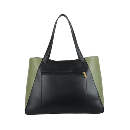Baggit Twinny Black/Olive Tote Bag – Stylish Shoulder Bag for Women | Double Flat Handles | 1 Spacious Compartment | Premium Vegan Material | Casual & Versatile | Green & Black
