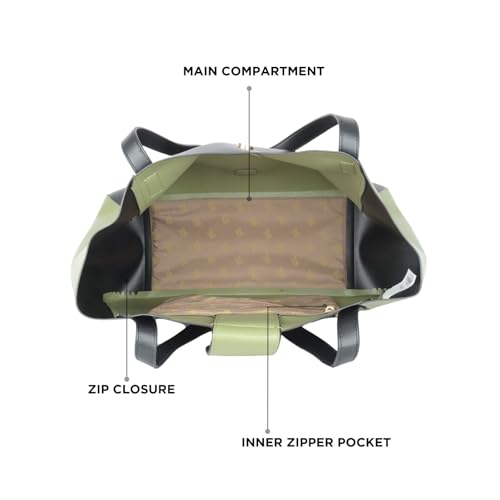 Baggit Twinny Black/Olive Tote Bag – Stylish Shoulder Bag for Women | Double Flat Handles | 1 Spacious Compartment | Premium Vegan Material | Casual & Versatile | Green & Black