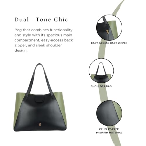 Baggit Twinny Black/Olive Tote Bag – Stylish Shoulder Bag for Women | Double Flat Handles | 1 Spacious Compartment | Premium Vegan Material | Casual & Versatile | Green & Black