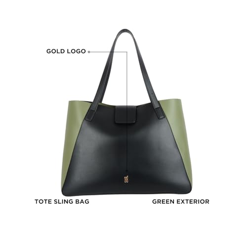 Baggit Twinny Black/Olive Tote Bag – Stylish Shoulder Bag for Women | Double Flat Handles | 1 Spacious Compartment | Premium Vegan Material | Casual & Versatile | Green & Black