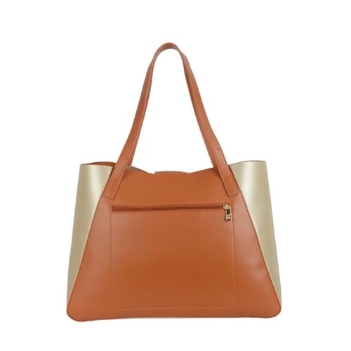 Baggit Tan/Gold Tote Bag – Stylish Shoulder Bag for Women | Spacious & Elegant | Double Flat Handles | Premium Vegan Material | 1 Compartment | Casual & Versatile | Tan & Gold