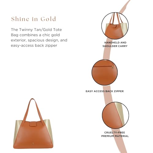 Baggit Tan/Gold Tote Bag – Stylish Shoulder Bag for Women | Spacious & Elegant | Double Flat Handles | Premium Vegan Material | 1 Compartment | Casual & Versatile | Tan & Gold