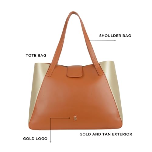 Baggit Tan/Gold Tote Bag – Stylish Shoulder Bag for Women | Spacious & Elegant | Double Flat Handles | Premium Vegan Material | 1 Compartment | Casual & Versatile | Tan & Gold