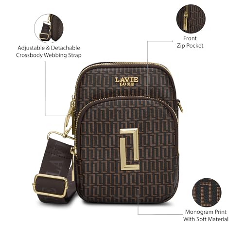 Lavie Luxe Women's Monogram Mobile26 Vertical 3-Compartment Crossbody Sling Bag | Ladies Purse Handbag | Gift for Women