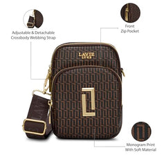 Lavie Luxe Women's Monogram Mobile26 Vertical 3-Compartment Crossbody Sling Bag | Ladies Purse Handbag | Gift for Women
