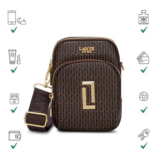 Lavie Luxe Women's Monogram Mobile26 Vertical 3-Compartment Crossbody Sling Bag | Ladies Purse Handbag | Gift for Women