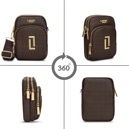 Lavie Luxe Women's Monogram Mobile26 Vertical 3-Compartment Crossbody Sling Bag | Ladies Purse Handbag | Gift for Women