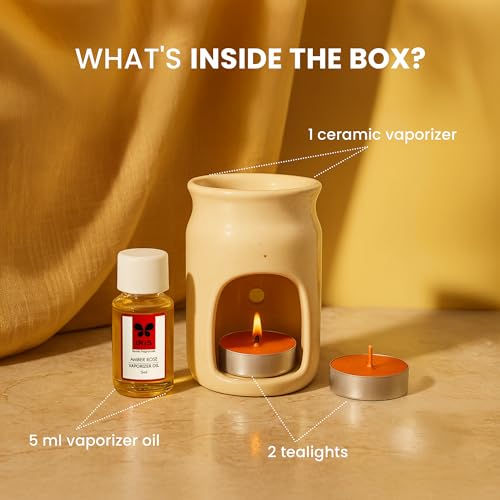IRIS - Home Fragrance - Amber Rose Vaporizer Set with Two Tea Light Candles - Amber Rose Scent - Chemical Free - Fine Living Fragrance ? Room-Freshener - Made in India - 12.3 cm x 6.6 cm x 15.3 cm
