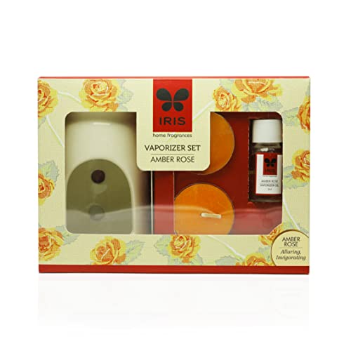 IRIS - Home Fragrance - Amber Rose Vaporizer Set with Two Tea Light Candles - Amber Rose Scent - Chemical Free - Fine Living Fragrance ? Room-Freshener - Made in India - 12.3 cm x 6.6 cm x 15.3 cm