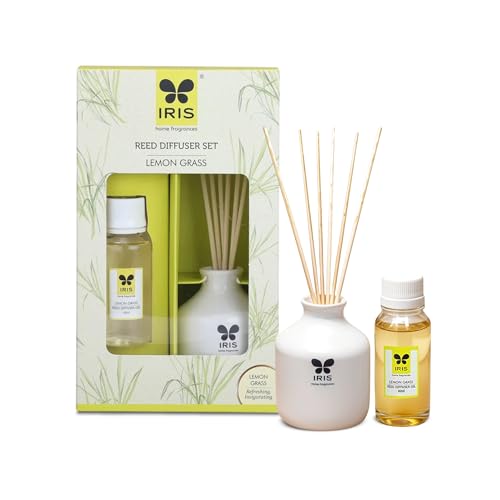 IRIS Home Fragrance,60Ml Lemon Grass Reed Diffuser Set |Free 6 Reeds Sticks of 7.5"|Stress Relief & Aromatherapy |Long-Lasting,Smoke-Free Air Freshener for Home,Bedroom and Office | Ideal for Gifting