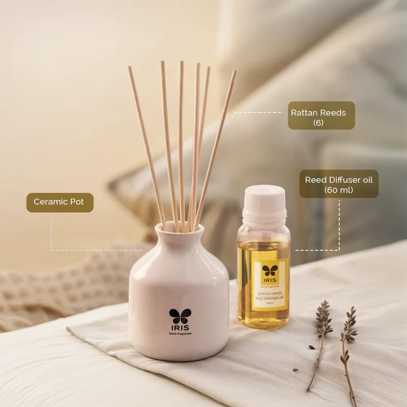IRIS Home Fragrance,60Ml Lemon Grass Reed Diffuser Set |Free 6 Reeds Sticks of 7.5"|Stress Relief & Aromatherapy |Long-Lasting,Smoke-Free Air Freshener for Home,Bedroom and Office | Ideal for Gifting