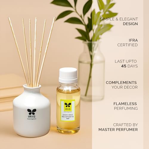 IRIS Home Fragrance,60Ml Lemon Grass Reed Diffuser Set |Free 6 Reeds Sticks of 7.5"|Stress Relief & Aromatherapy |Long-Lasting,Smoke-Free Air Freshener for Home,Bedroom and Office | Ideal for Gifting
