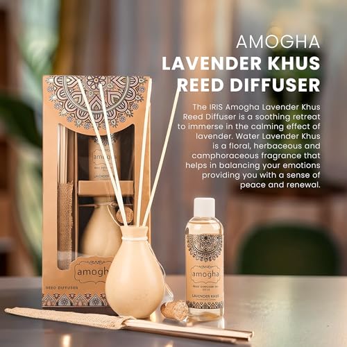 IRIS Amogha Reed Diffuser | 100ml Fragrance Oil + 8N Reed Sticks | Long-Lasting Aromatherapy Diffuser for Home & Office | Smoke-Free, Flame-Free Air Freshener | Ideal for Gifting (Lavender Khus)