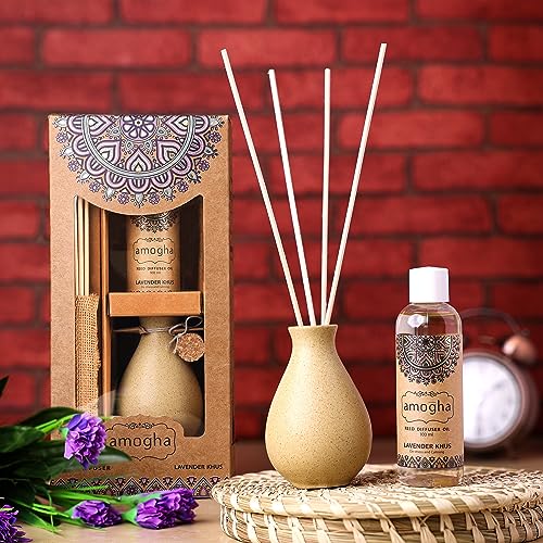 IRIS Amogha Reed Diffuser | 100ml Fragrance Oil + 8N Reed Sticks | Long-Lasting Aromatherapy Diffuser for Home & Office | Smoke-Free, Flame-Free Air Freshener | Ideal for Gifting (Lavender Khus)