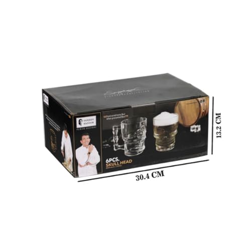Sanjeev Kapoor Skull Head Beer Mugs  Set of 6 | 500ML Transparent Glass Mugs for Beer, Cocktails & Drinks | Unique Skull Shape, Durable, Dishwasher Safe  Party & Gift Ready