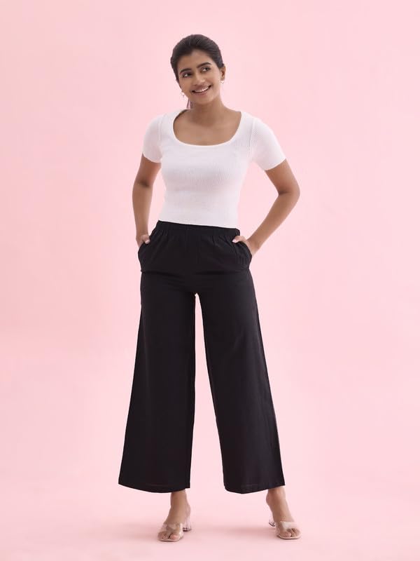 GO COLORS Women Black Mid Rise Linen Linen Palazzo - 2XL