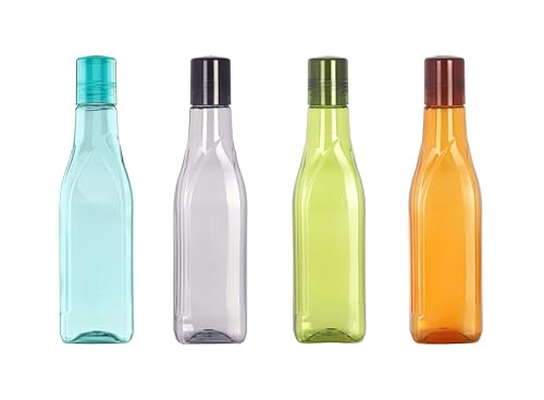 Varmora Aqua Flora - Transparent Water Bottle - 1 litre - BPA-Free & Food Grade Plastic - Pack Of 4 - Multi-Color - Brown-Grey-Blue-Green