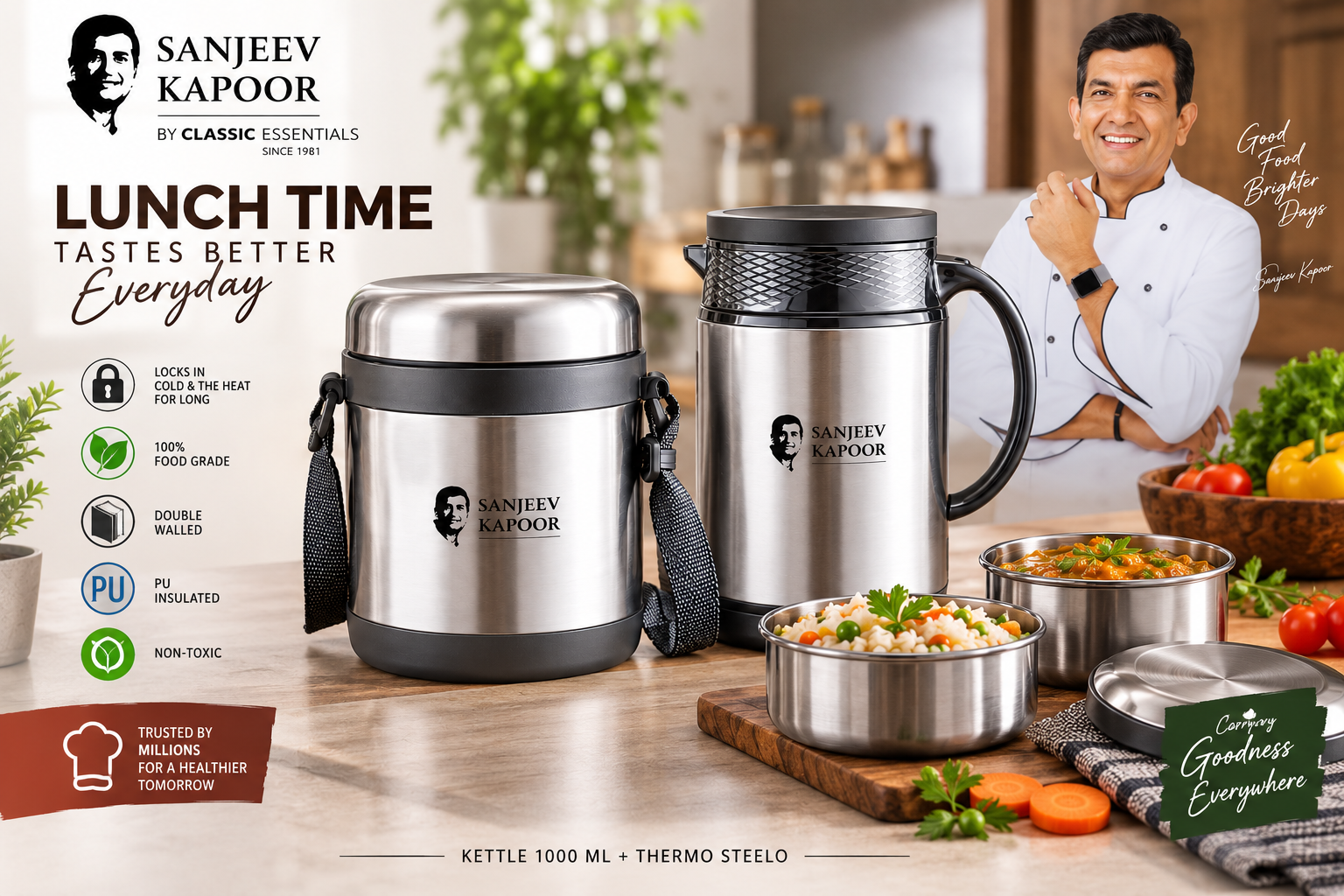 Sanjeev Kapoor Lunch Time 2-Piece Insulated Kettle & Thermo Steel Set