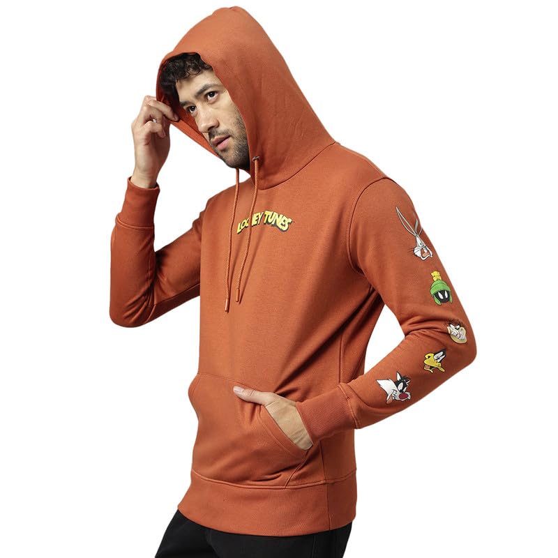 Free Authority Looney Tunes Printed Regular Fit Brown Ploycotton Men's Hoodie