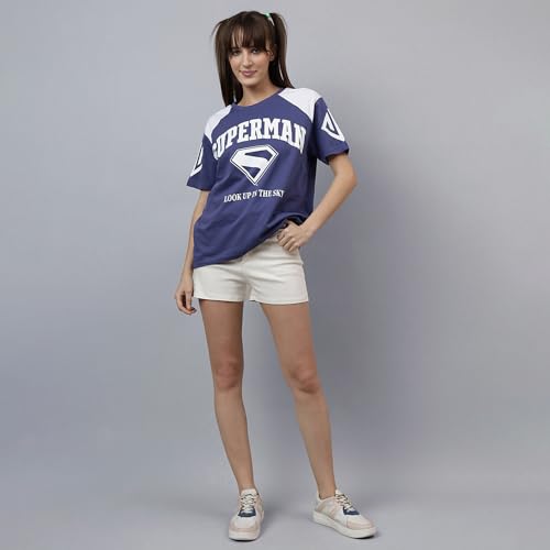 Free Authority Official Dc Comics Superman: Legacy Graphic Printed Pure Cotton White & Blue Oversized Fit Tshirt for Women