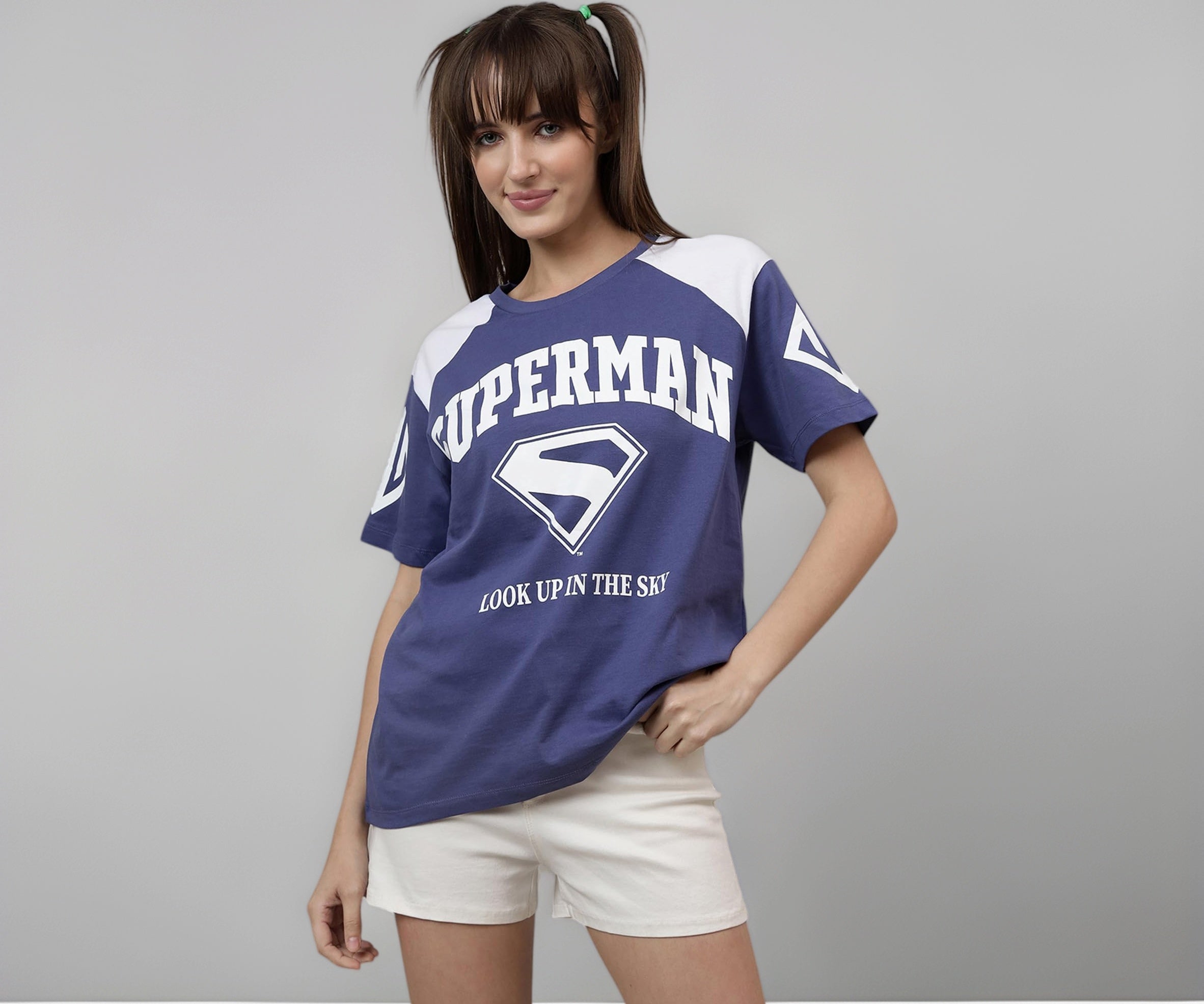 Free Authority Official Dc Comics Superman: Legacy Graphic Printed Pure Cotton White & Blue Oversized Fit Tshirt for Women