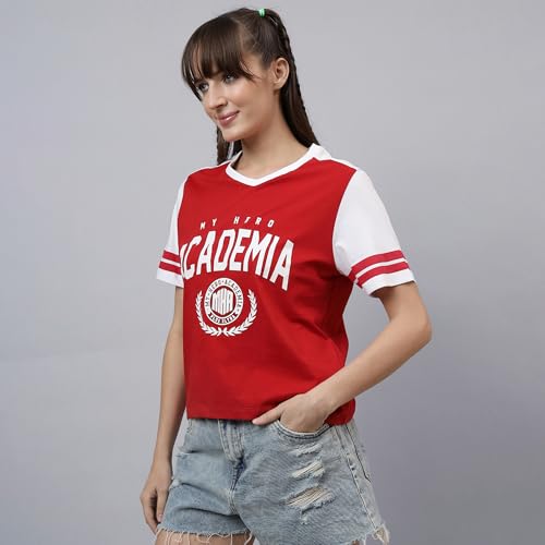 Free Authority Official My Hero Academia Graphic Half Sleeves V-Neck Anime Printed Regular Fit Pure Breathable Cotton Fabric Tshirt for Women