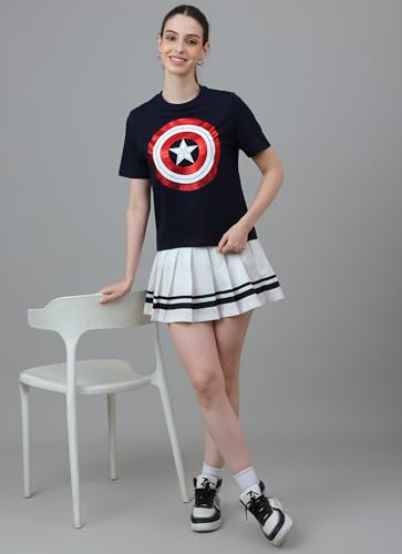 Free Authority Official Marvel Comic Captain America Women Half Sleeve Round Neck Graphic Printed Cotton Regular Fit Tshirt
