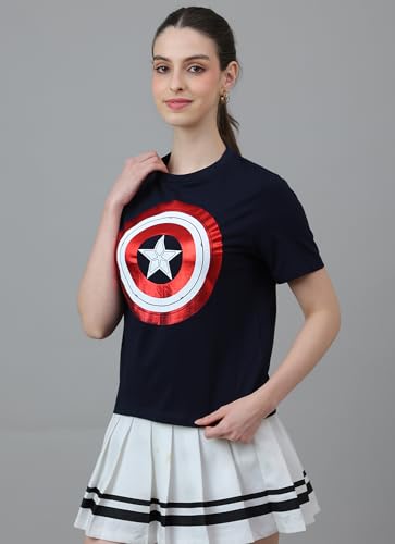 Free Authority Official Marvel Comic Captain America Women Half Sleeve Round Neck Graphic Printed Cotton Regular Fit Tshirt
