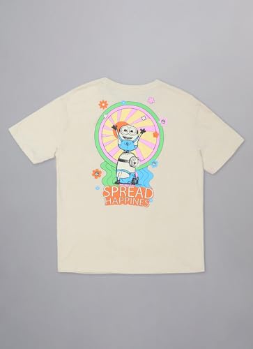 Free Authority Official Minions: Spread Happines Graphic Printed Pure Cotton Beige Oversized Tshirt for Women