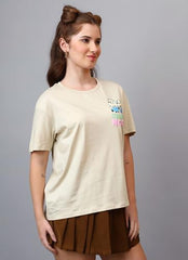 Free Authority Official Minions: Spread Happines Graphic Printed Pure Cotton Beige Oversized Tshirt for Women