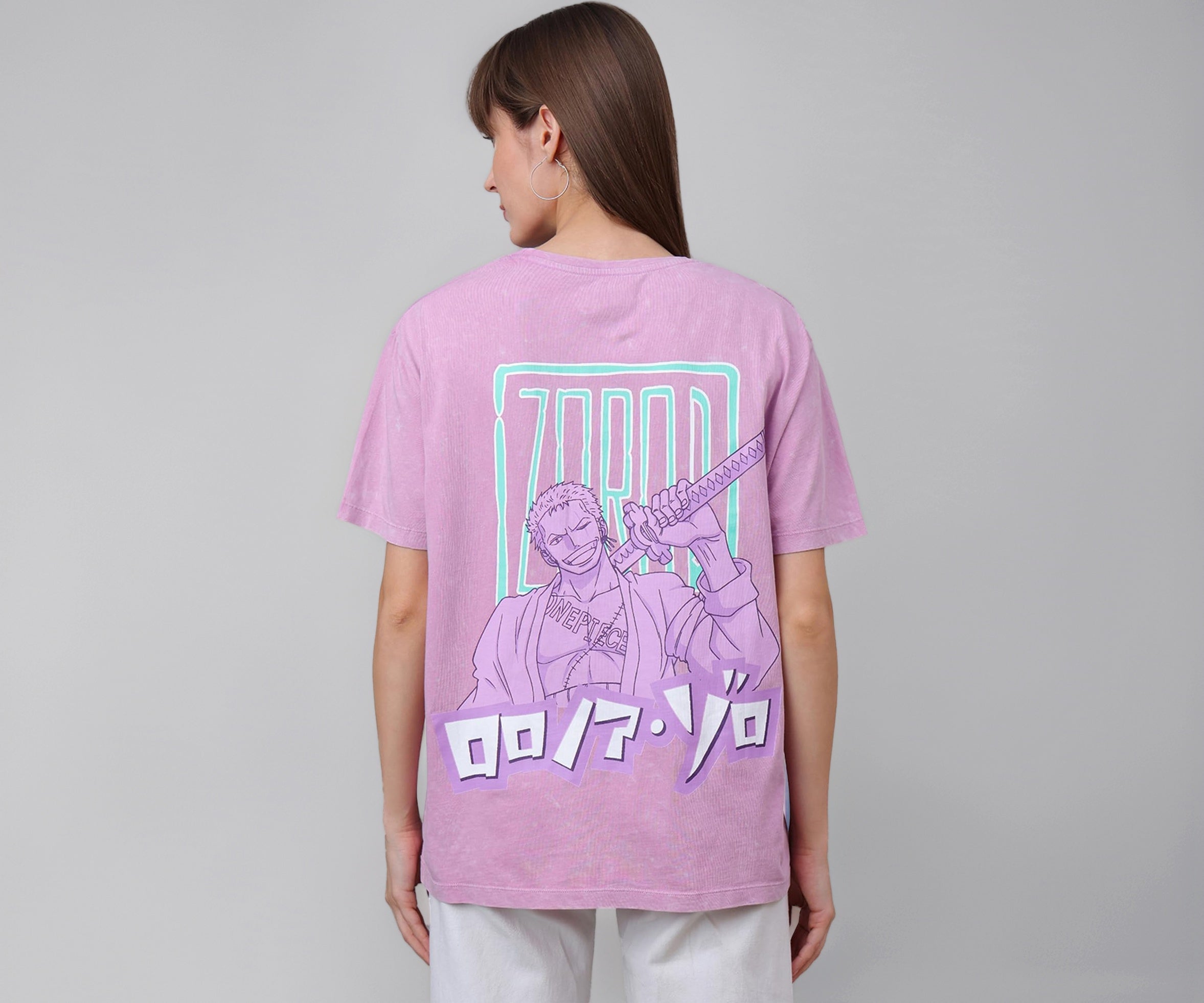 Free Authority Official One Piece: Roronoa Zoro Anime Printed Oversized Lavender Pure Cotton Tshirt for Women