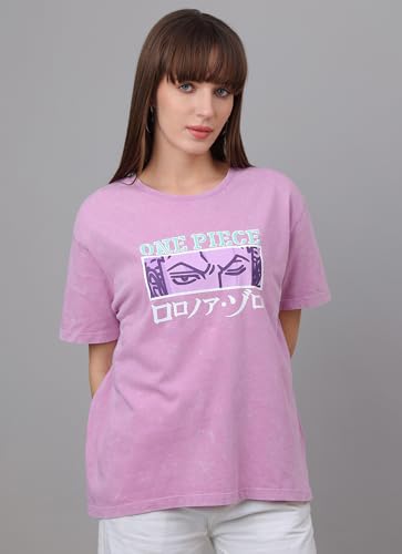 Free Authority Official One Piece: Roronoa Zoro Anime Printed Oversized Lavender Pure Cotton Tshirt for Women