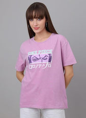 Free Authority Official One Piece: Roronoa Zoro Anime Printed Oversized Lavender Pure Cotton Tshirt for Women