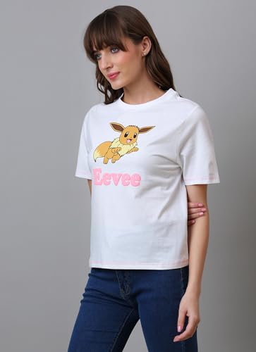 Free Authority Official Pokemon:Eevee Puff Printed Cotton Off White Regular Fit Tshirt Women