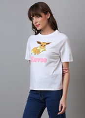 Free Authority Official Pokemon:Eevee Puff Printed Cotton Off White Regular Fit Tshirt Women
