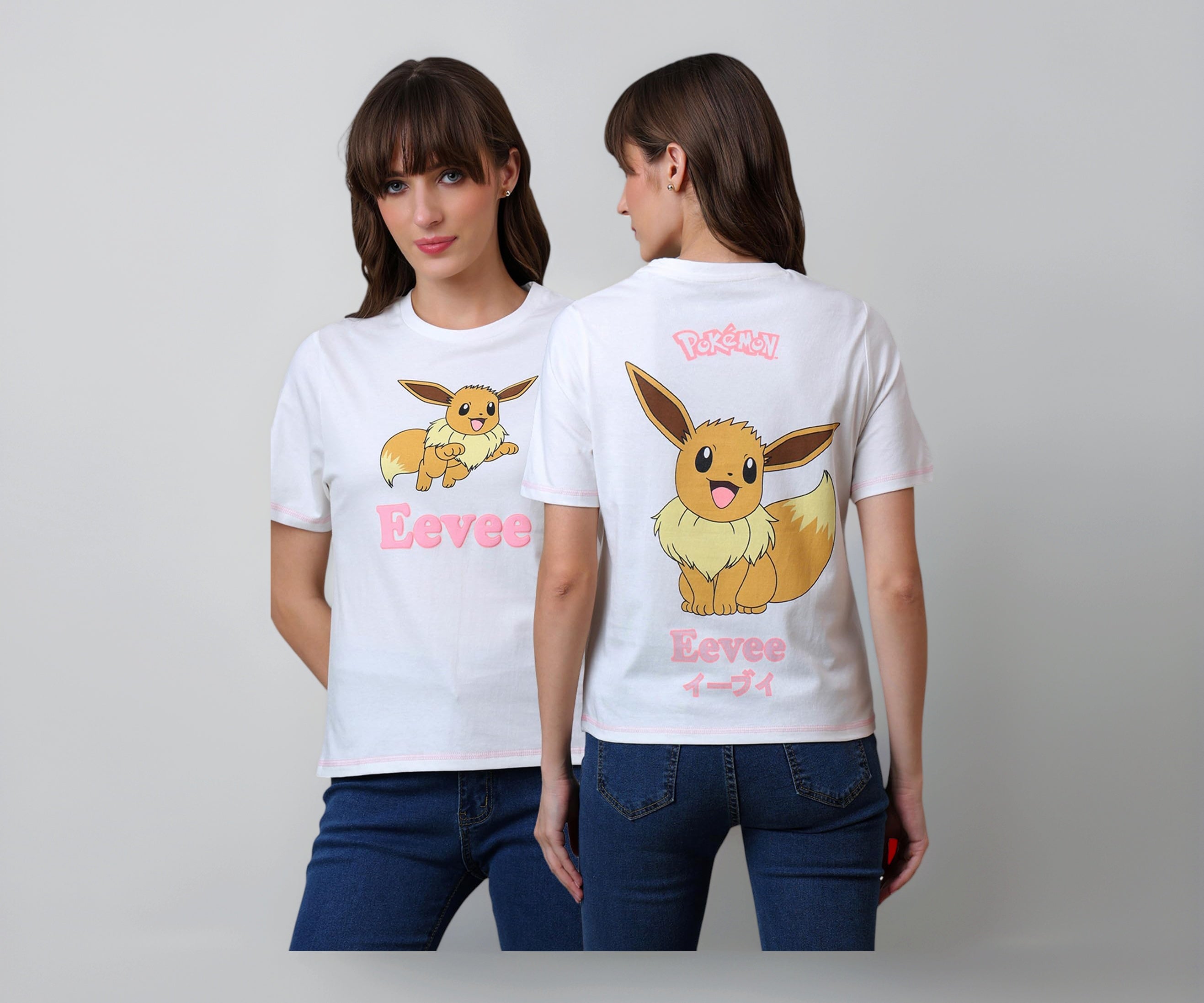 Free Authority Official Pokemon:Eevee Puff Printed Cotton Off White Regular Fit Tshirt Women