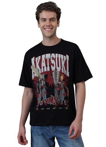 Free Authority Official Naruto Shippuden Akatsuki Men's Graphic Anime Printed Half Sleeve Round Neck Drop-Shoulder Oversized Pure Cotton T-Shirt Black
