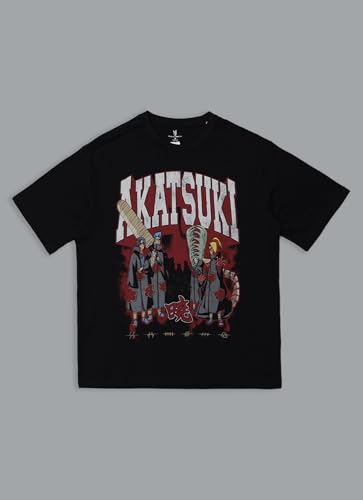 Free Authority Official Naruto Shippuden Akatsuki Men's Graphic Anime Printed Half Sleeve Round Neck Drop-Shoulder Oversized Pure Cotton T-Shirt Black