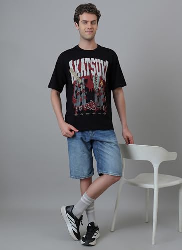 Free Authority Official Naruto Shippuden Akatsuki Men's Graphic Anime Printed Half Sleeve Round Neck Drop-Shoulder Oversized Pure Cotton T-Shirt Black