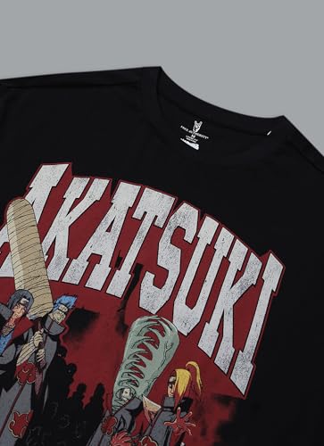 Free Authority Official Naruto Shippuden Akatsuki Men's Graphic Anime Printed Half Sleeve Round Neck Drop-Shoulder Oversized Pure Cotton T-Shirt Black