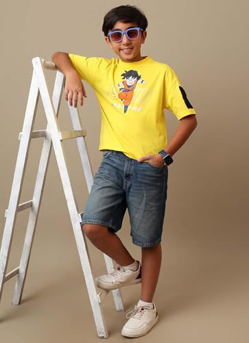 Kidsville Official Dragon Ball Z: Goku Anime Printed Oversized Yellow Pure Cotton Tshirt for Boys