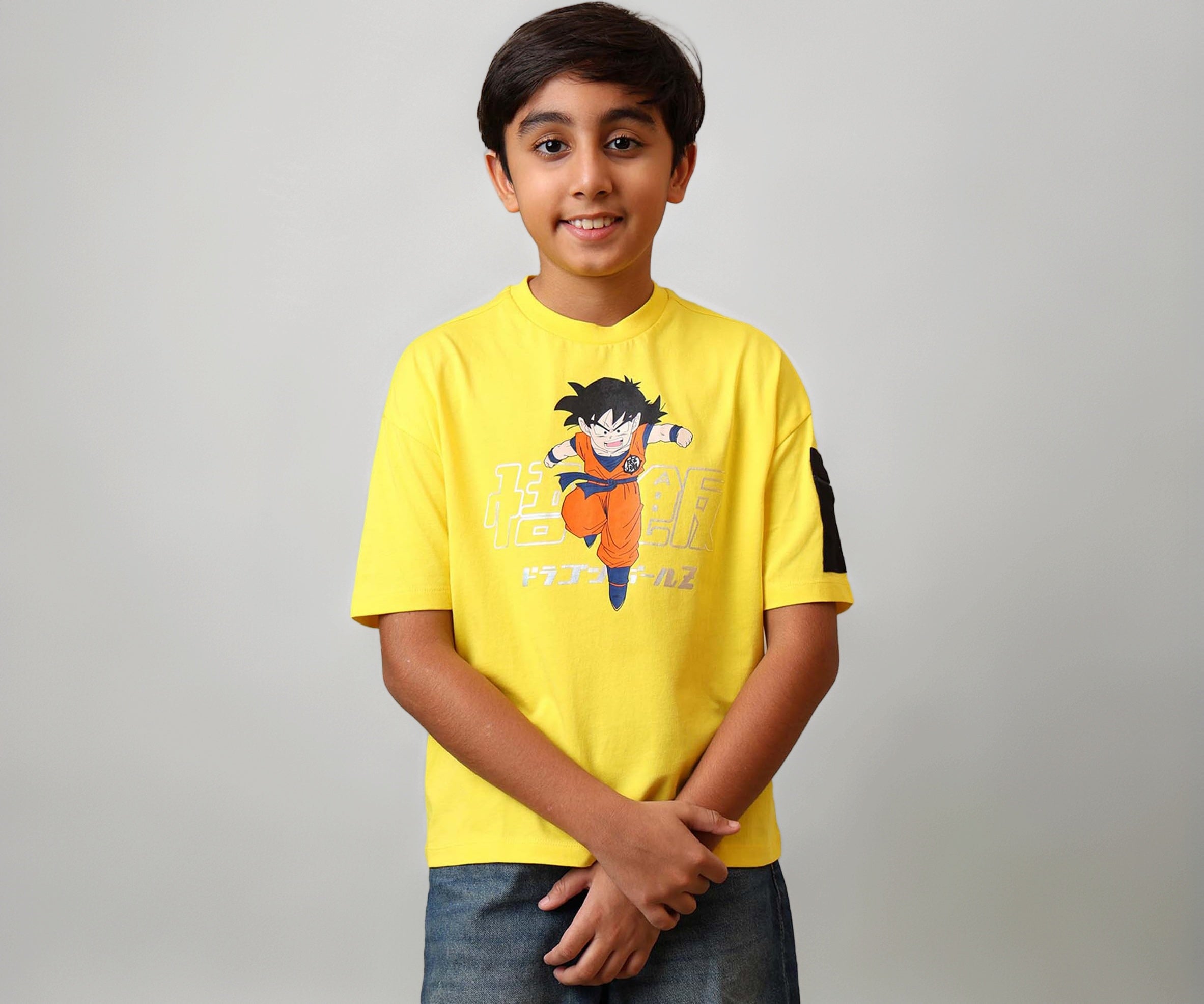 Kidsville Official Dragon Ball Z: Goku Anime Printed Oversized Yellow Pure Cotton Tshirt for Boys