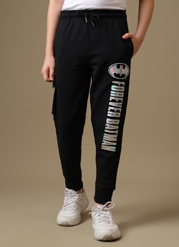 Kidsville Official DC Comics Forever Batman Boy's Graphic Metallic Printed Cargo Pocket Regular Fit Mid West Cotton Black Joggers