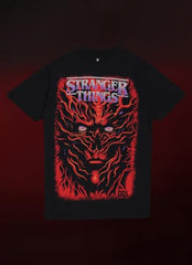 Free Authority Official Stranger Things Graphic Printed Half Sleeves Round Neck Regular Fit Pure Breathable Cotton Fabric Tshirt for Men Black