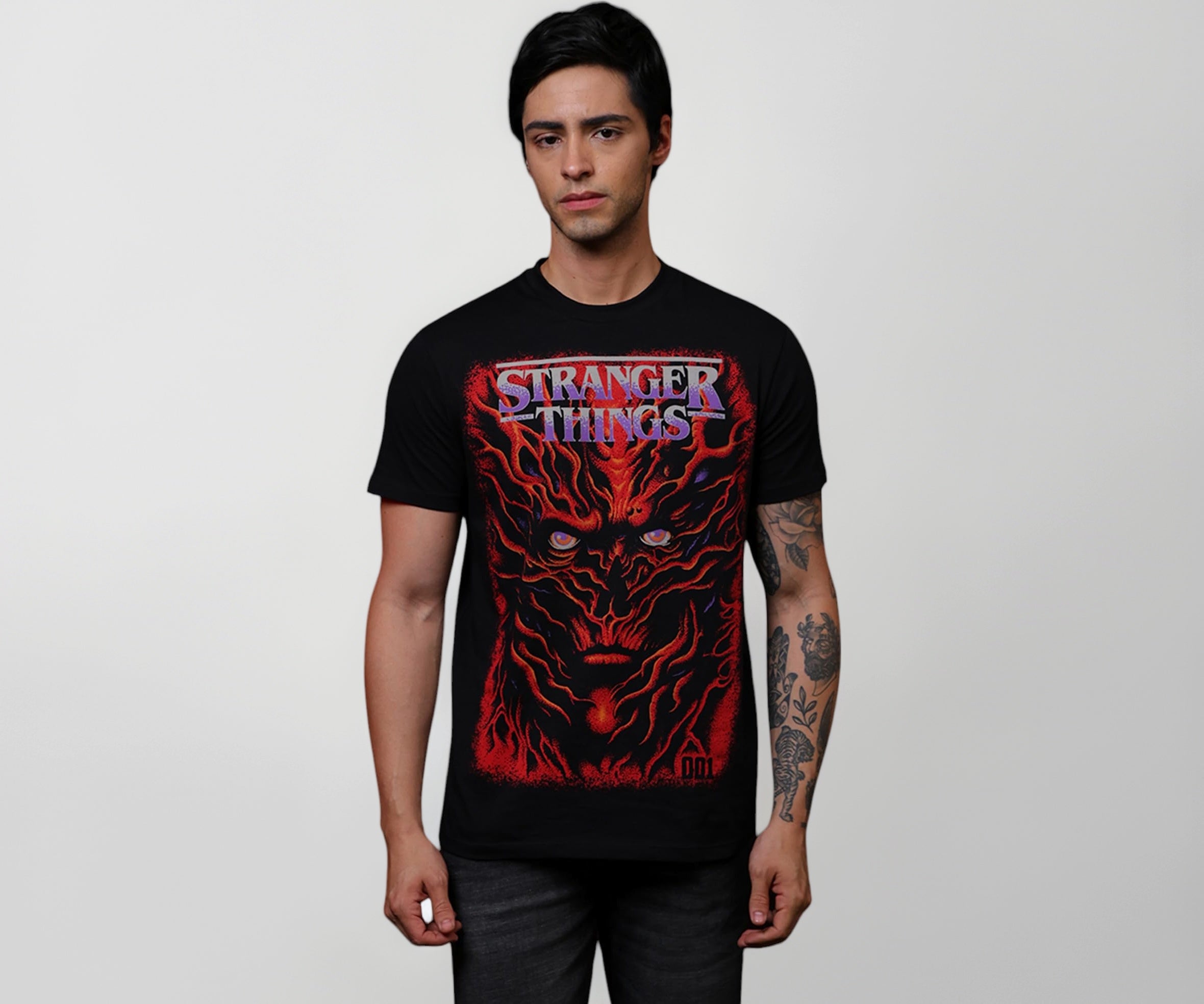 Free Authority Official Stranger Things Graphic Printed Half Sleeves Round Neck Regular Fit Pure Breathable Cotton Fabric Tshirt for Men Black